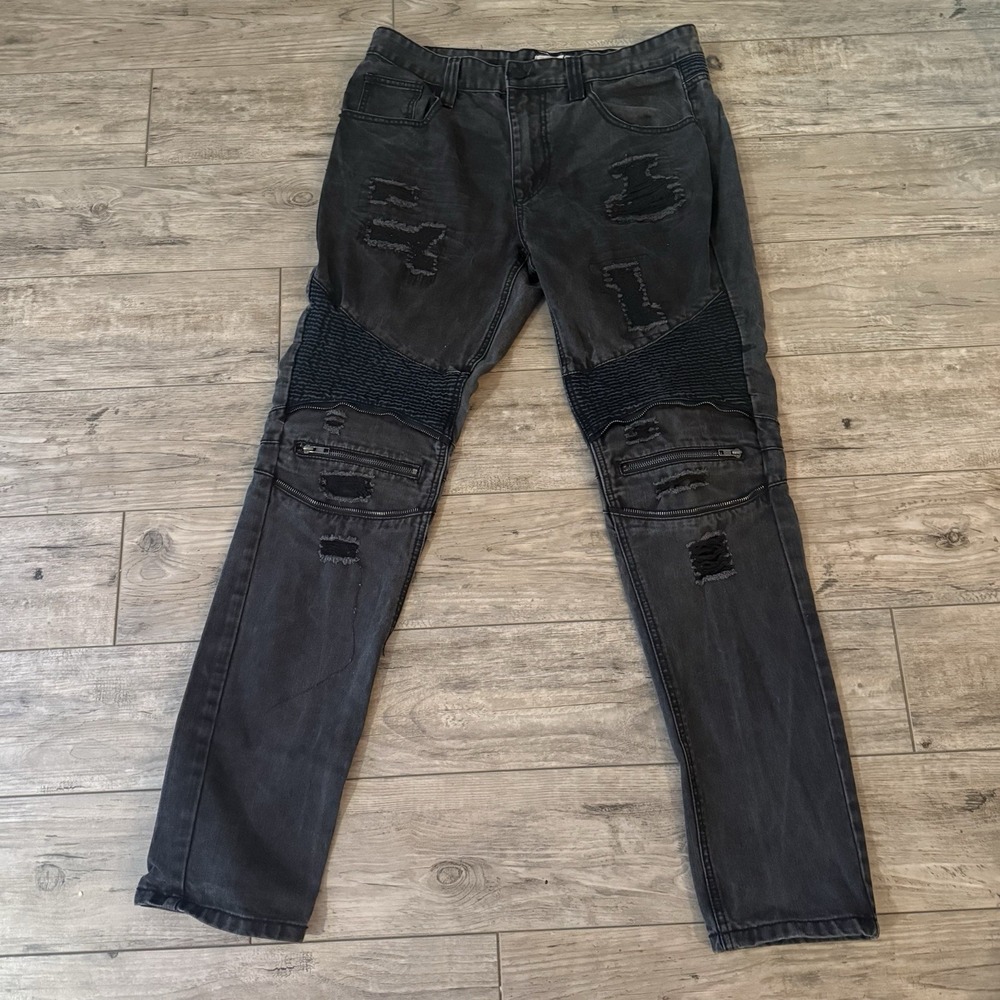 Smoke Rise Distressed Moto Jeans Men's 36x34 Black Biker Zipper Rugged Denim